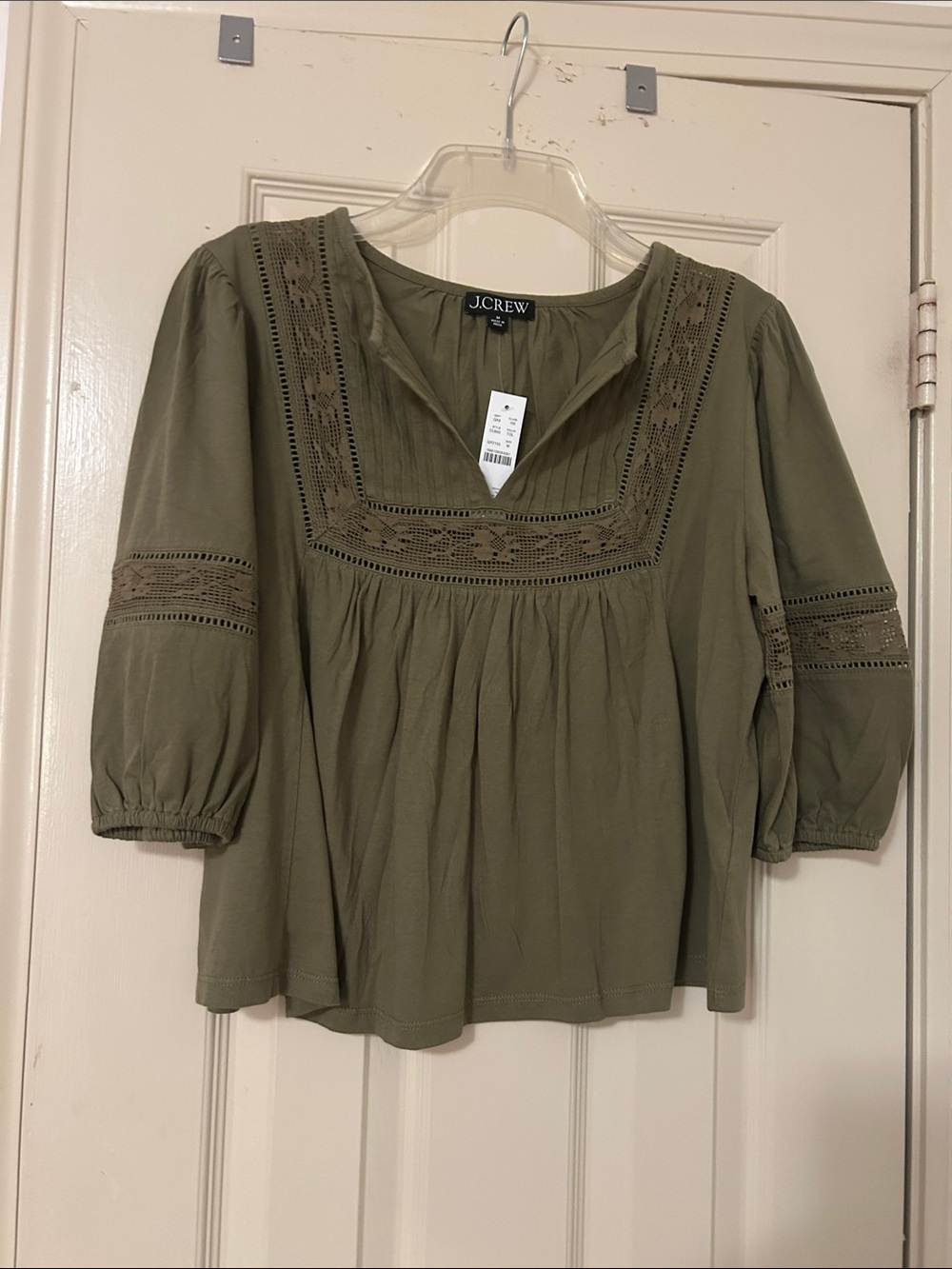 J. Crew Olive Crochet-Trim Peasant Blouse